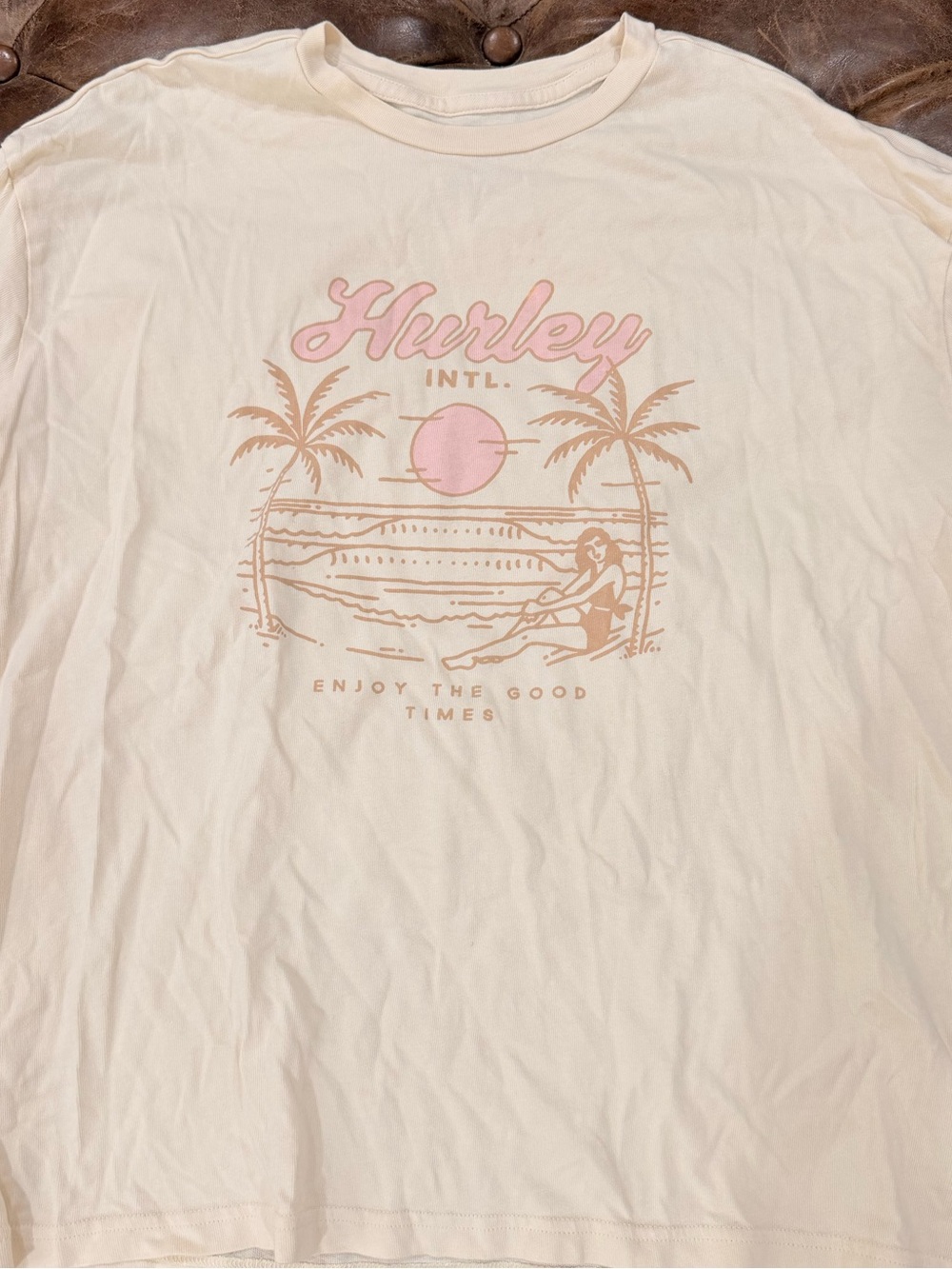 Hurley Cream Short-Sleeve Boyfriend Tee with Pink Palm Sunset Graphic